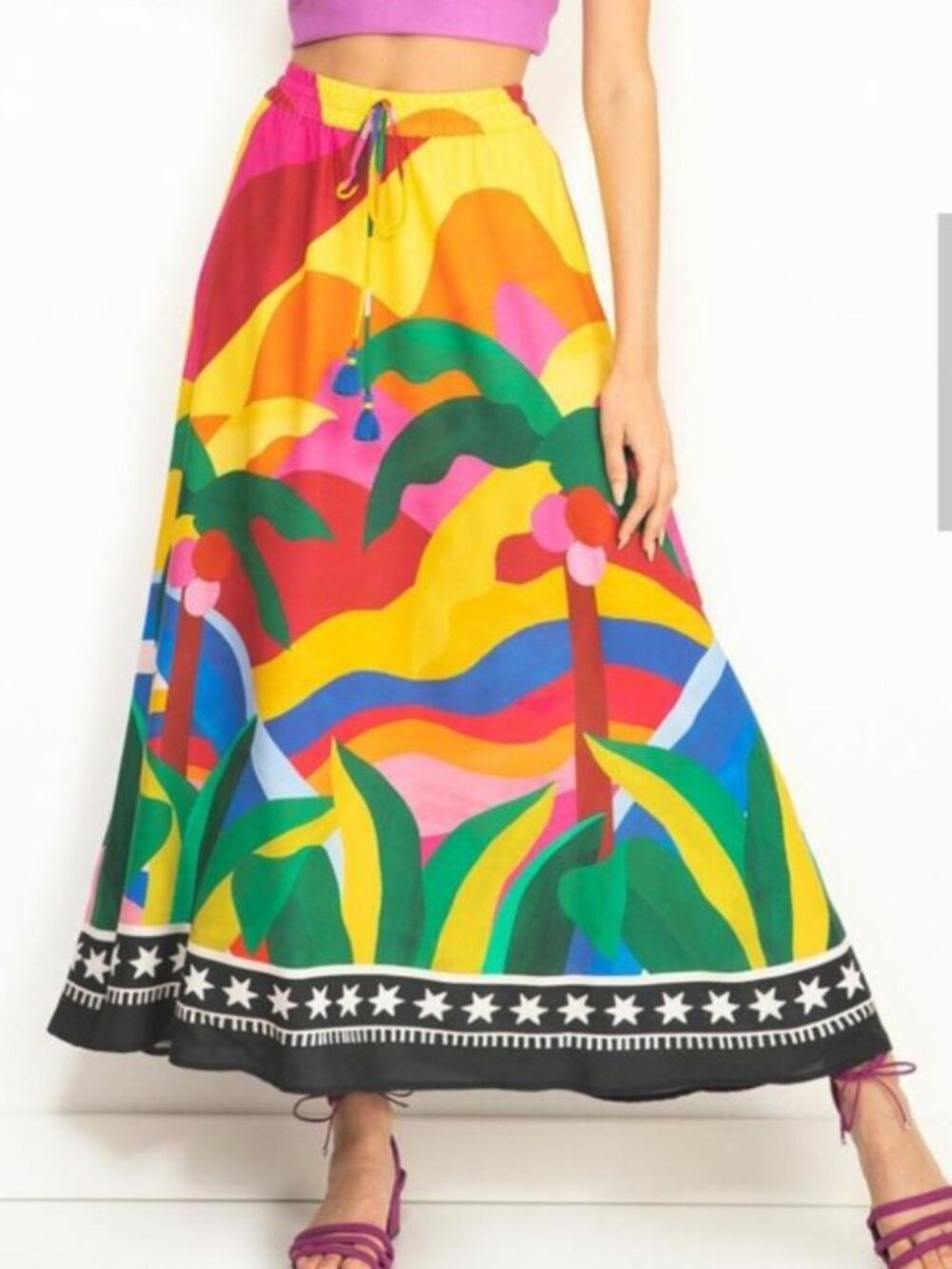 FARM Rio Fim de Tarde Tropical Landscape Viscose Midi Skirt S Dopamine Dressing